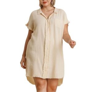 NWT Umgee Button Down Collard Gauze Frayed Edges Mini Midi Shirt Dress Cream XL